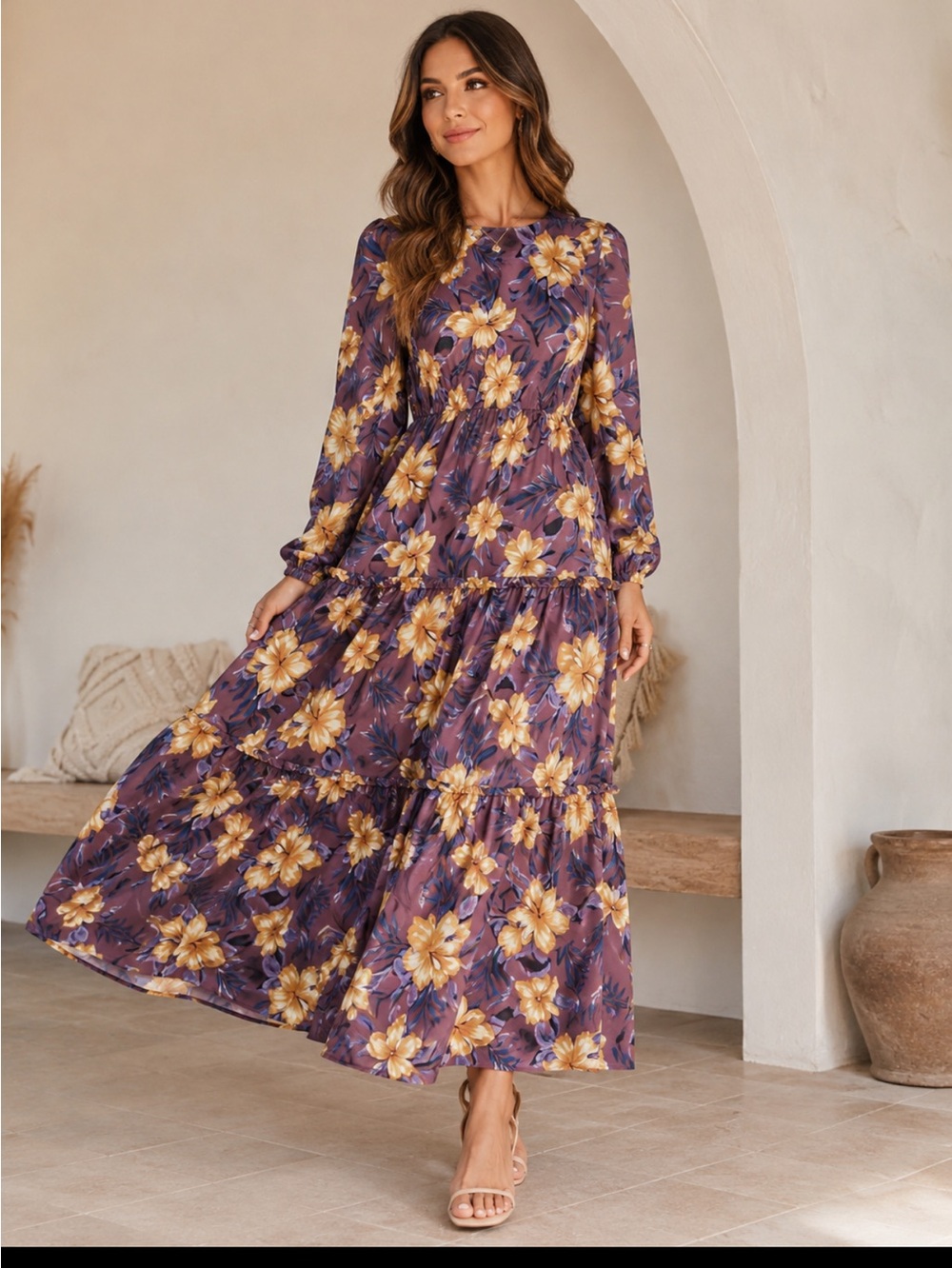 SHEIN Purple Floral Long Sleeve raffle tiered maxi dress Dress size XL